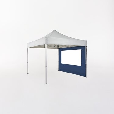 Light grey folding gazebo 3x3 m with dark blue side wall with window.